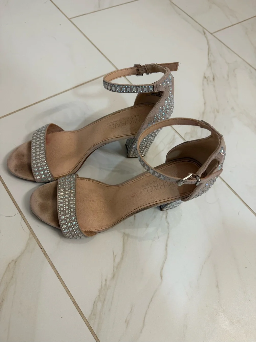 Michael Shannon Blush Pink Crystal-Stud Block Heel Sandals